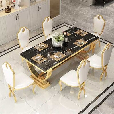 Rectangle Shape Dubai 8 Seater Marble Dining Table Set Stainless Steel Base With Chairs