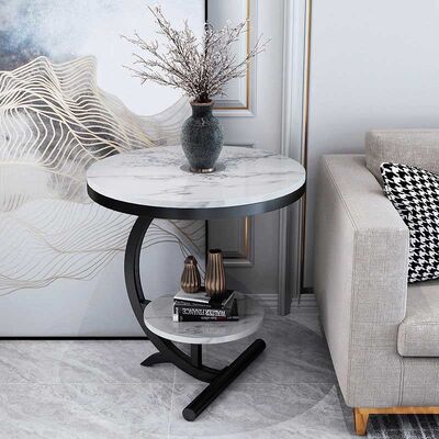 OEM Luxury Marble Center Tables Double Layer Gold White Sofa Side Table